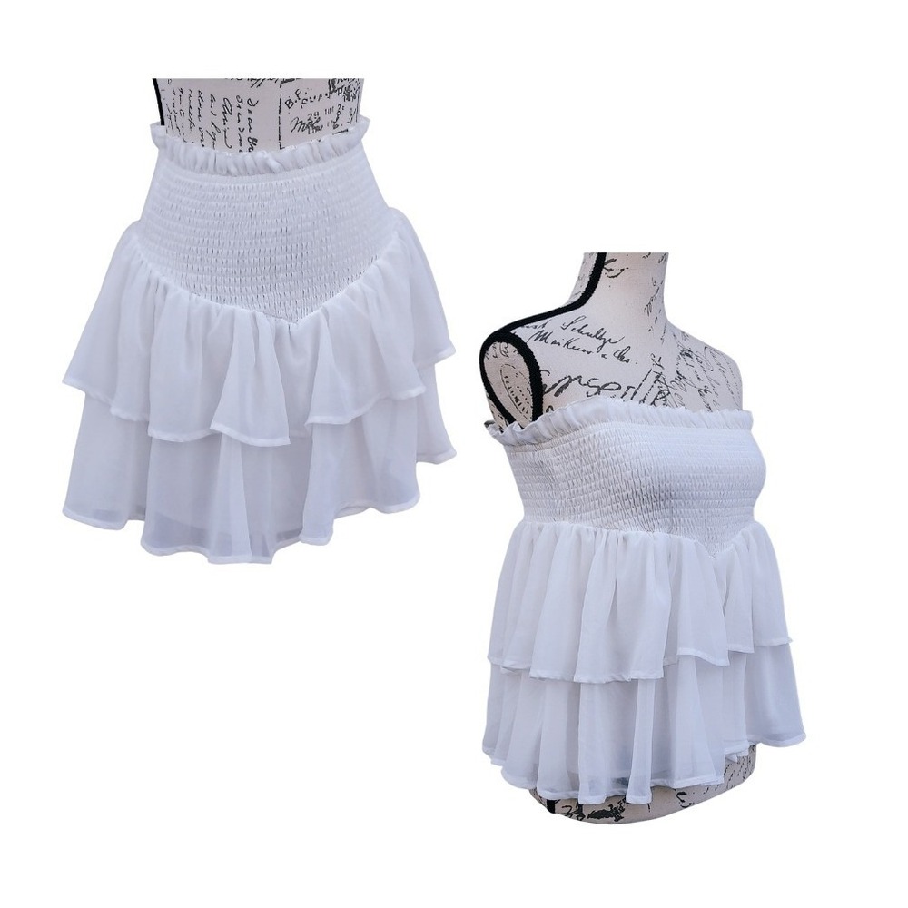 White‎ Tiered Ruffle Mini Skirt Small Basque Waist Strapless Top Coquette Dainty